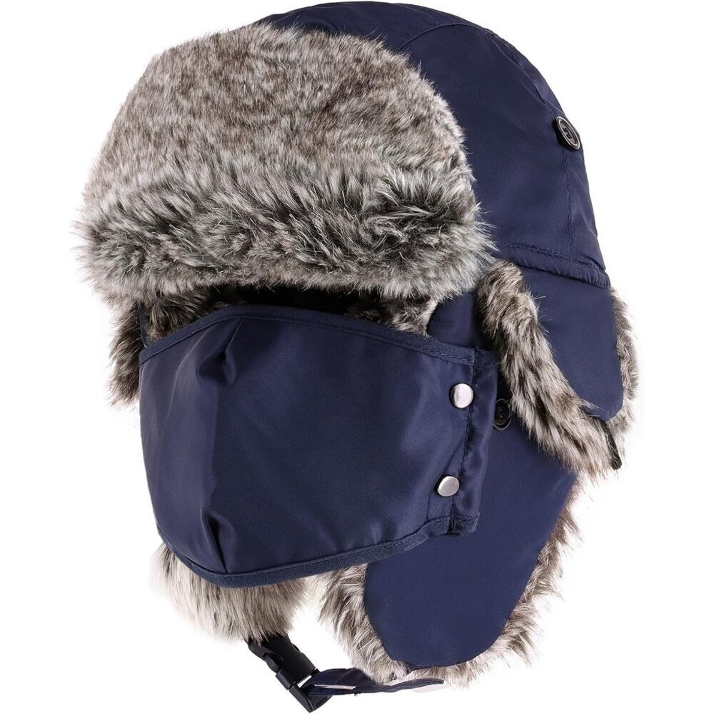 Men Navy Unisex Waterproof Ushanka Trapper Hat with Ear Flaps & Chin Strap